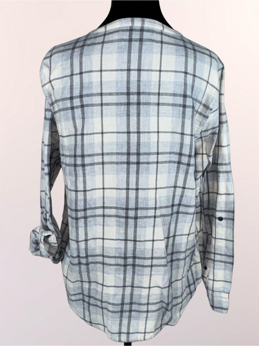 Calvin Klein Women’s Cotton Flannel Shirt Plaid Collarless Roll Tab Sleeve Med - Picture 7 of 16